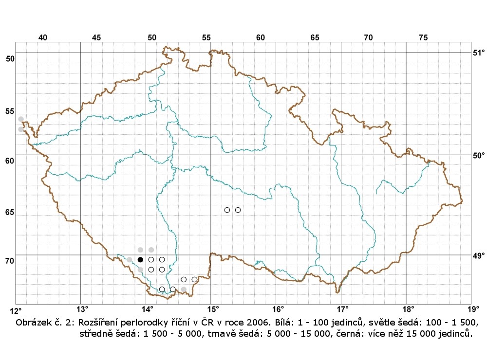 Mapa současného výskytu (zdroj Záchranný program perlorodky říční Margaritifera Margaritifera v České republice (AOPK ČR, 2013))